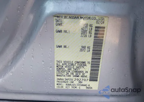 2014 Nissan Altima 2.5 Sv z USA, uszkodzony, nr VIN 1N4AL3AP2EC292707